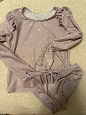 Jamie Kay Long-Sleeve Ruffle Floral Swim Set in Dusty Mauve